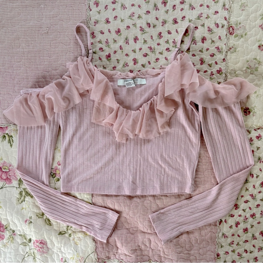 Forever 21 Light Pink Ruffle Cold Shoulder Crop Top